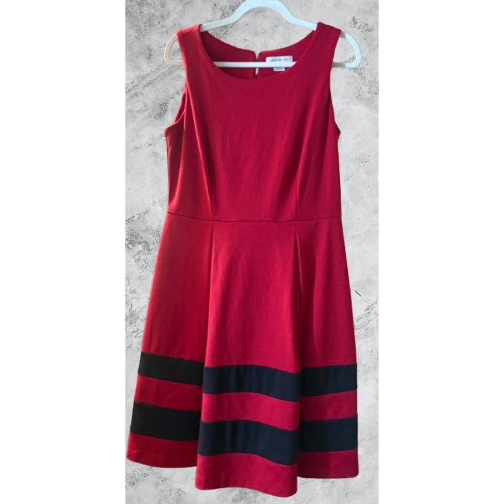 Liz Claiborne Red Striped Fit and Flare Sleeveless Dress Womens 12 Holiday Party